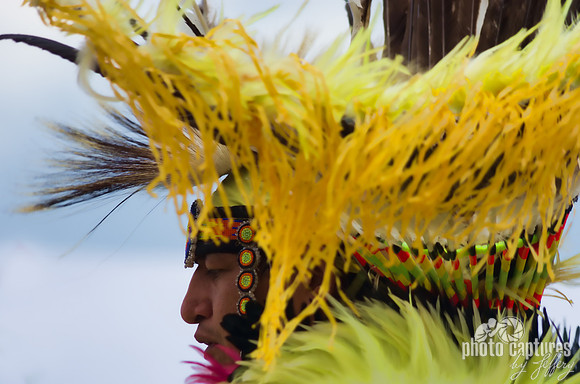Bold colorful yellow feathers Native American dancer Mount Juliet Powwow