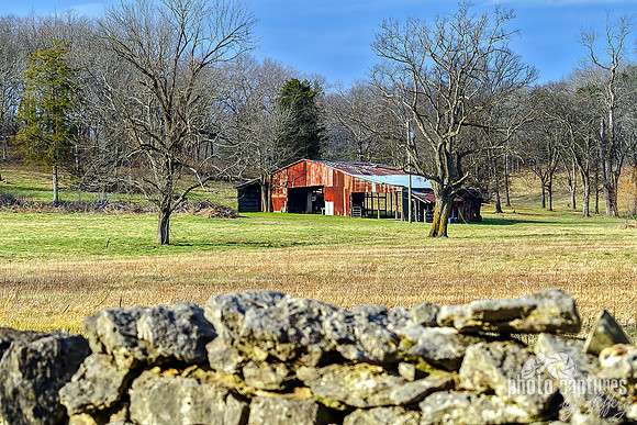 Old Stone Fence With Old Barn