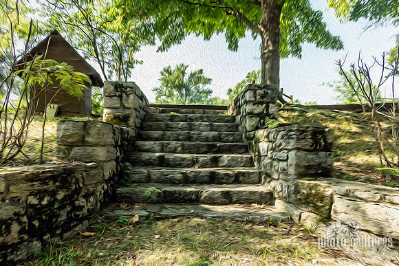 Artistic rendering of a rustic stone staircase
