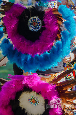 Bright pink and blue feathers regalia