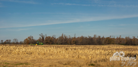 Painterly landscape green tractor in Alabama farm field