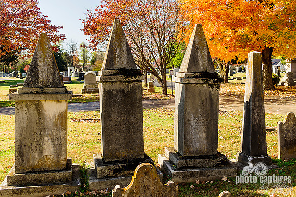 Four monuments fall colors Maple Grove Cemetery