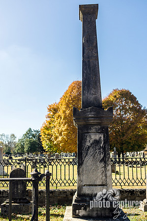 Tall monument with metal fence fall tree behind