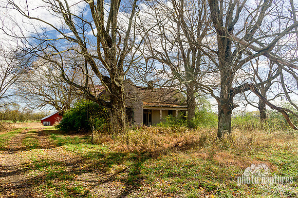 Wider view of empty abandoned farmhouse with trees