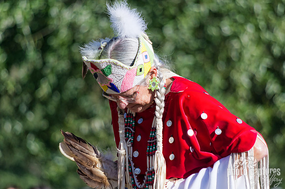 Elder female dancer red shawl bent forward NAIA Powwow