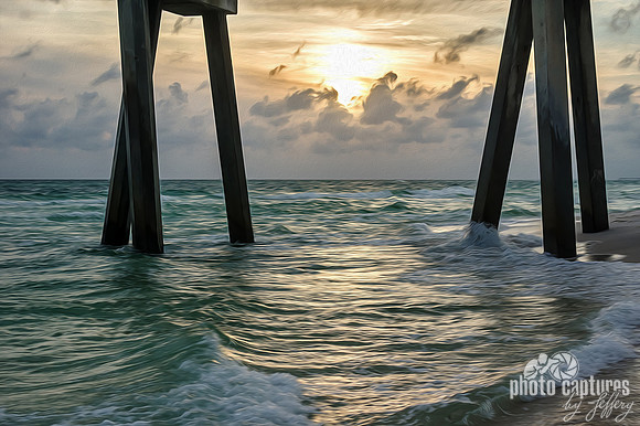 Waves Rolling In Sunset View Under Pier Oil Paint Rendering